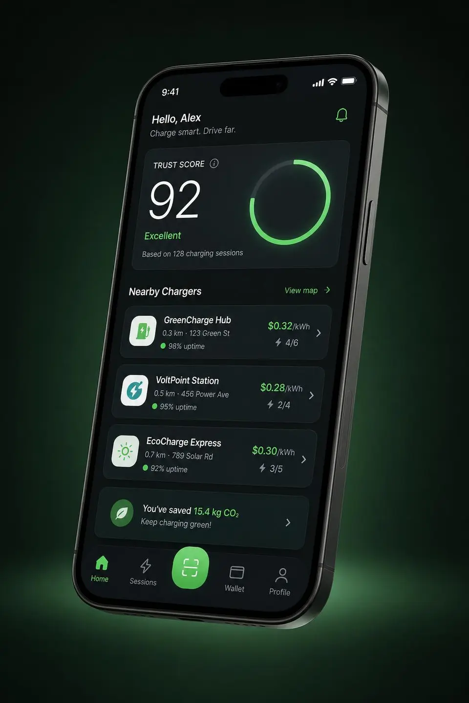 App móvil VOLTQAI mostrando un Trust Score de 92 con anillo verde y cargadores cercanos