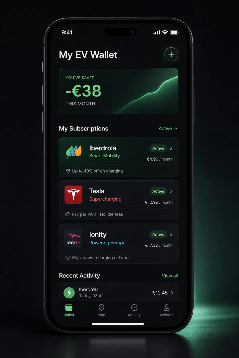 EV Wallet de VOLTQAI mostrando €38 ahorrados este mes y suscripciones activas