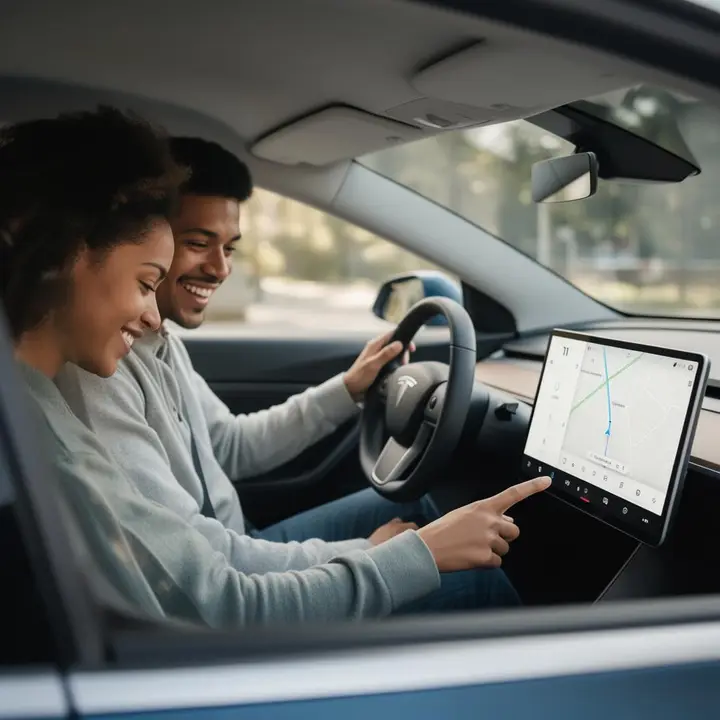 Dos conductores EV felices mirando la pantalla de su coche eléctrico