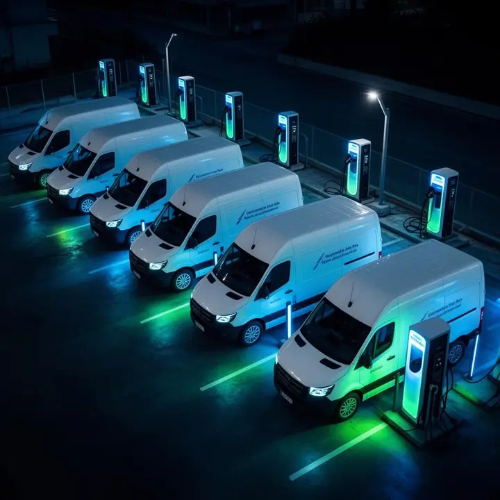 Flota de furgonetas eléctricas blancas cargando en cargadores rápidos industriales de noche