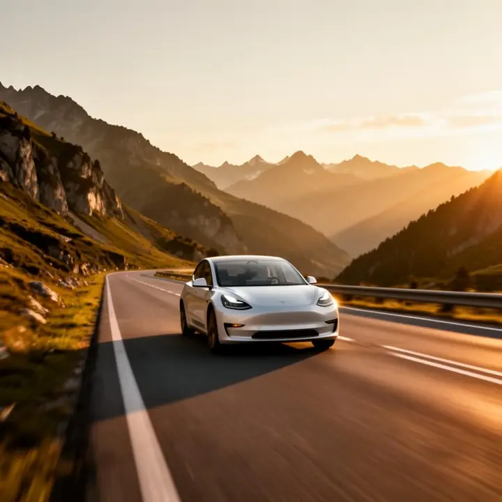 Coche eléctrico circulando por una carretera de montaña al atardecer