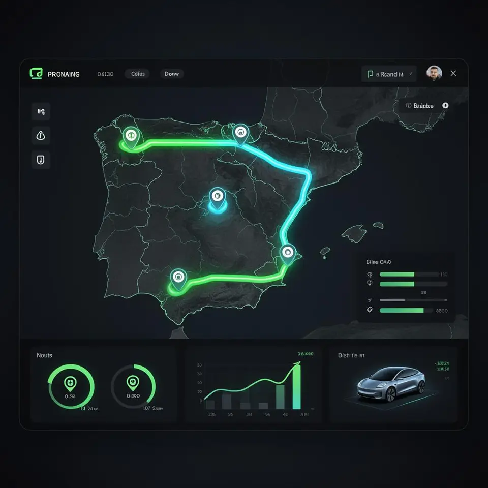 Panel oscuro mostrando una ruta EV planificada por España con paradas de carga